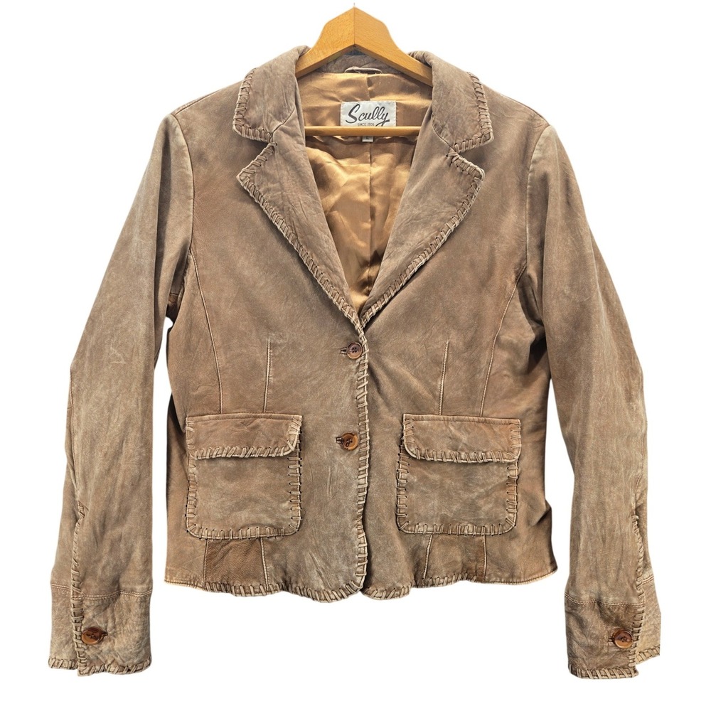Scully Brown Tan Leather Western Whipstitch Blazer Jacket Size L Distressed